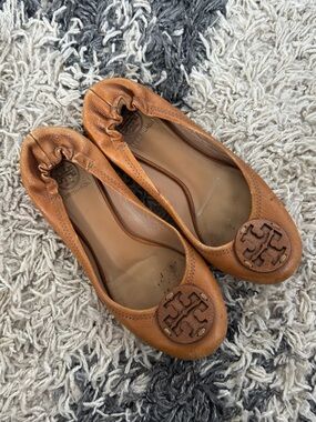 Tory Burch Tan Leather Logo Ballet Flats